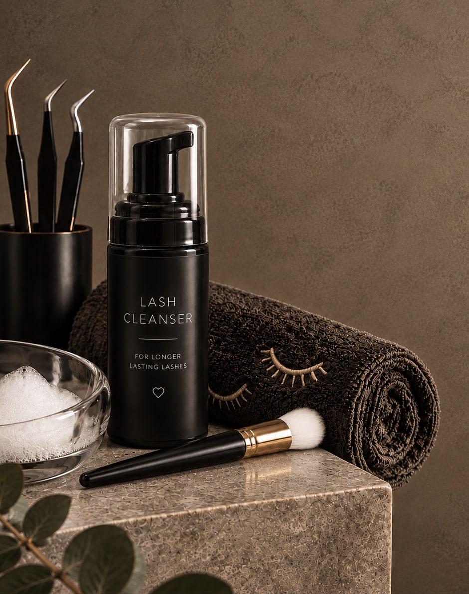 Produse pentru îngrijirea extensiilor de gene: lash cleanser, pensetă, perie și prosop